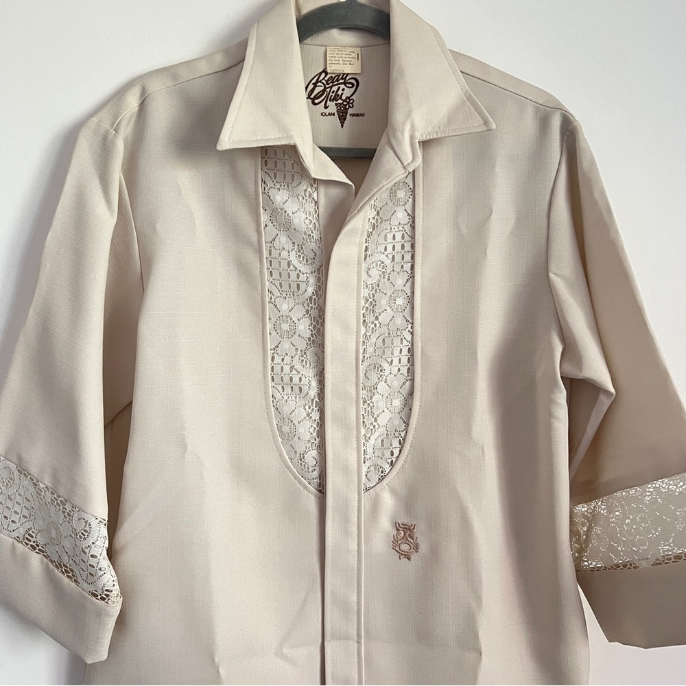 Vintage Lolani Beau Tiki Hawaiian Shirt Cream Beige Lace Men’s Size Medium - Picture 2 of 9